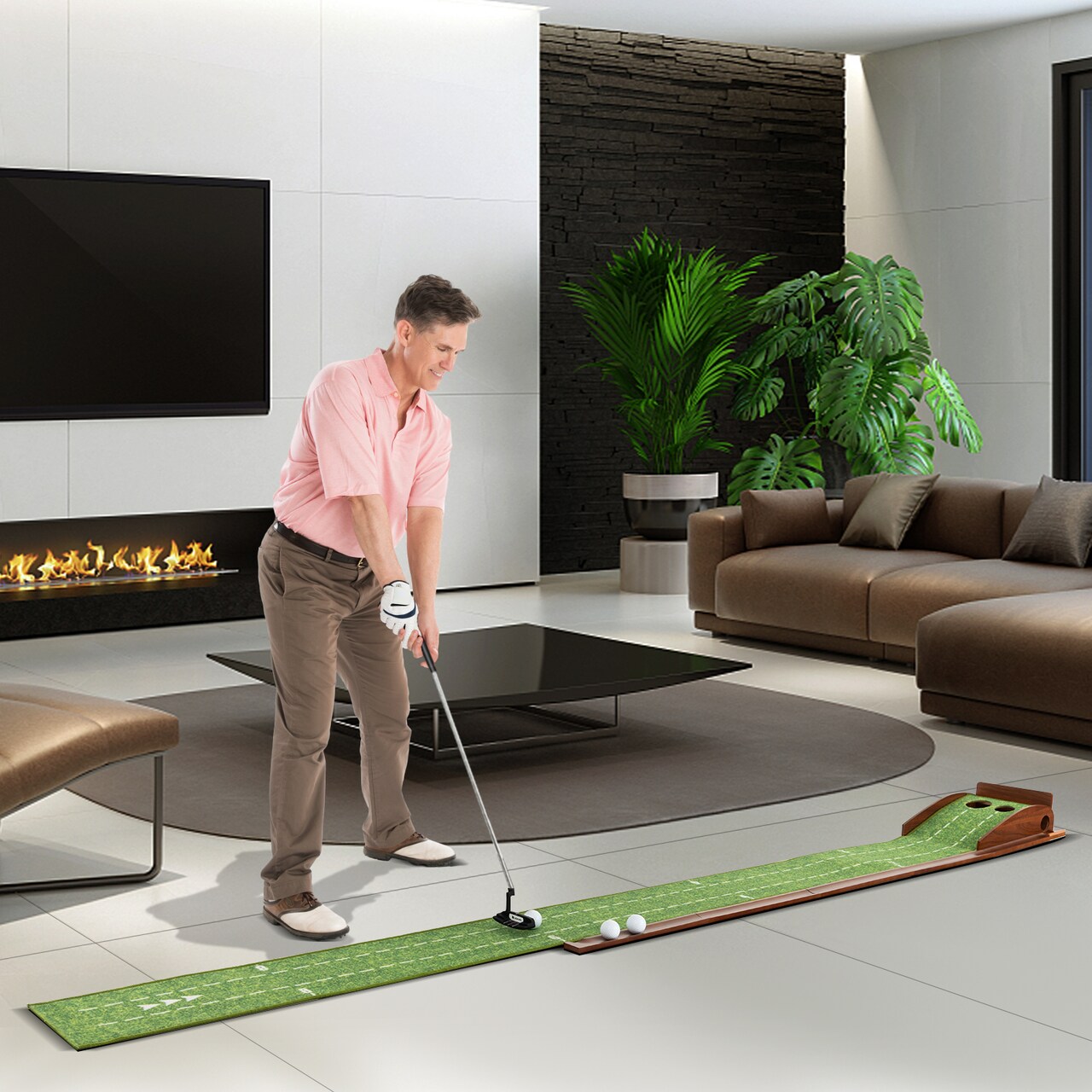 Brown-Green Golf Putting Mat Practice Training Aid With Auto Ball Return